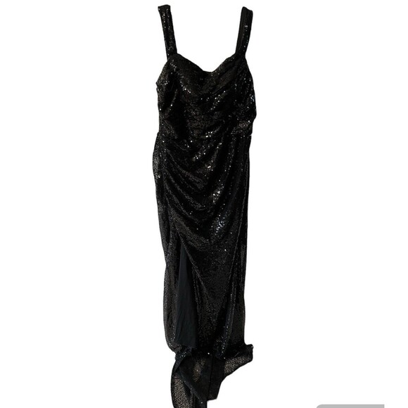 Sequin Gown Womens Sz 14 Black Ruched Corset Back Train Wedding Prom Black Tie - Picture 1 of 12